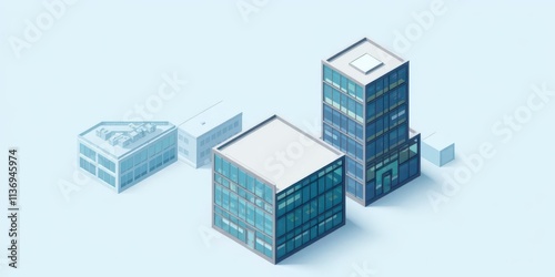 Vector isometric illustration of a modern office workplace building with glass windows and multiple floors, isometric, floors, glass windows