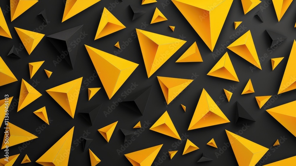 A dynamic pattern of yellow and black 3D triangles on a dark background. A dynamic pattern of yellow and black 3D triangles on a dark background.