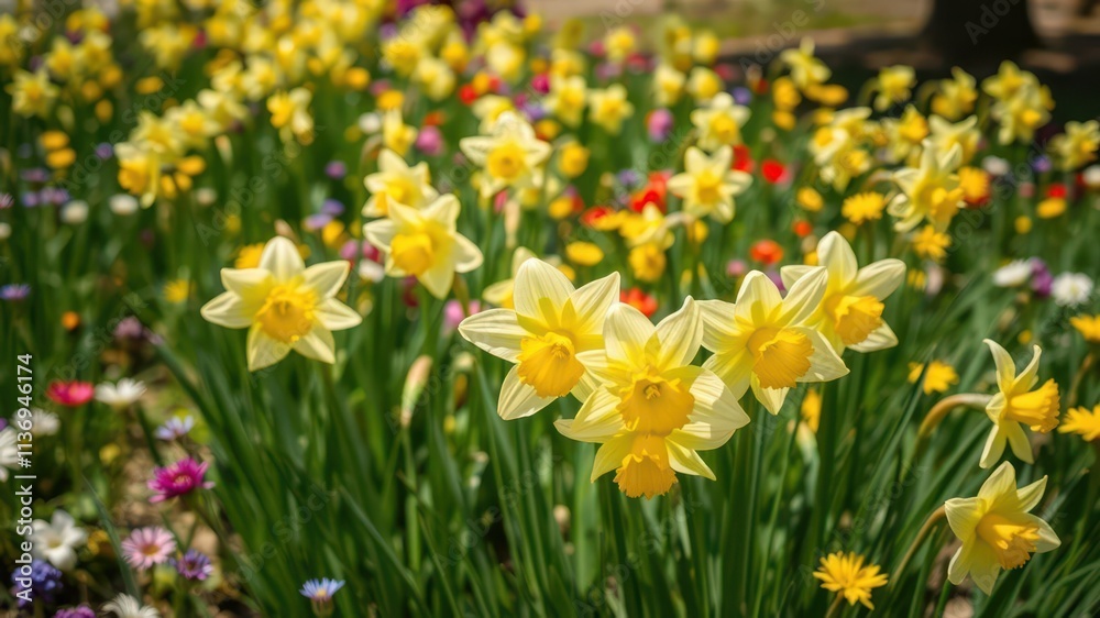 Vibrant yellow daffodil flowers blooming in a lush green field under the bright sun, daffodils, sunshine Vibrant yellow daffodil flowers blooming in a lush green field under the bright sun, daffodils, sunshine