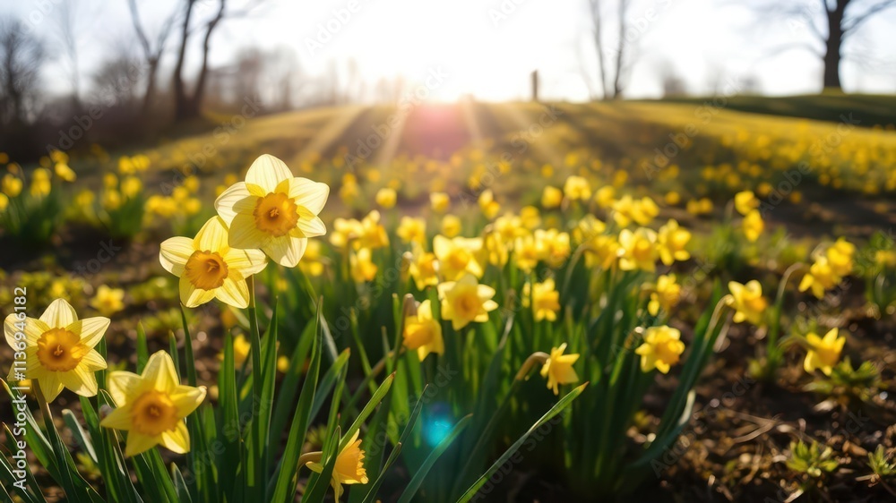 Obraz premium Vibrant yellow daffodil flowers blooming in a sunlit field, daffodil, flowers