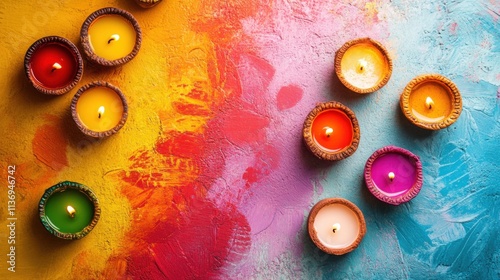 A colorful Diwali scene with oil lamps and rangoli patterns against a vibrant background, macro shot, Minimalist style photo