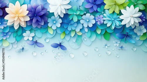   Blue, yellow, and white flowers and butterflies with water drops on their petals