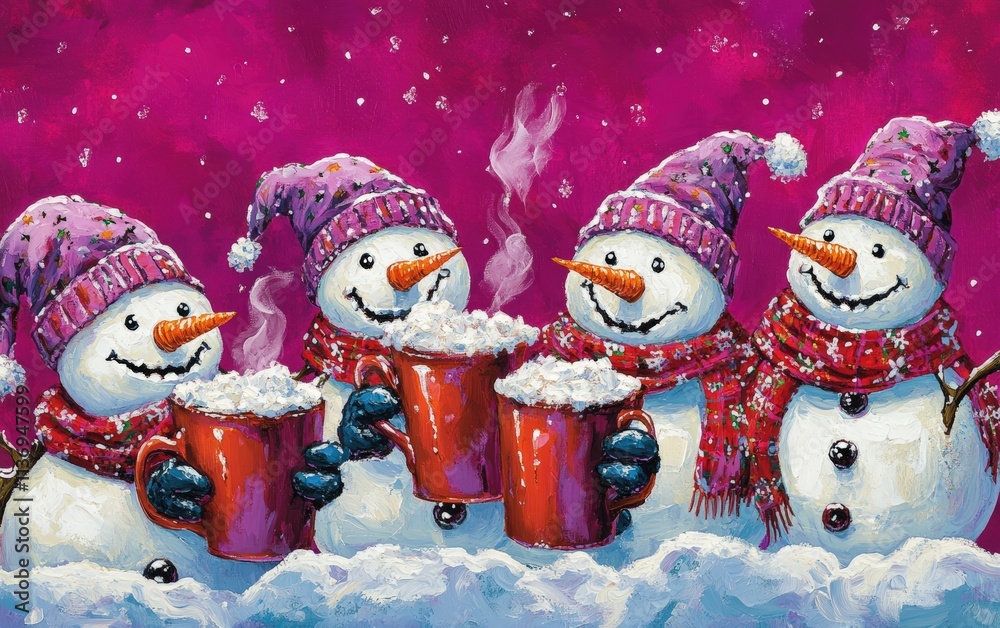 A group of snowmen enjoying hot cocoa on a fuchsia background A group of snowmen enjoying hot cocoa on a fuchsia background