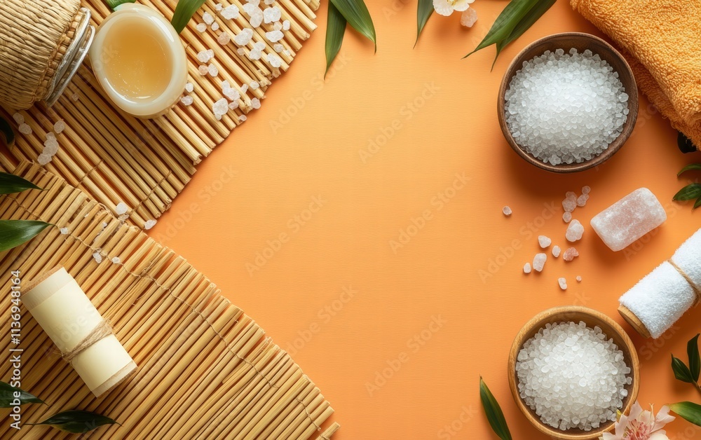 A gift certificate displayed on a bamboo mat surrounded by spa elements like salt crystals and a massage roller on a soft orange background A gift certificate displayed on a bamboo mat surrounded by spa elements like salt crystals and a massage roller on a soft orange background