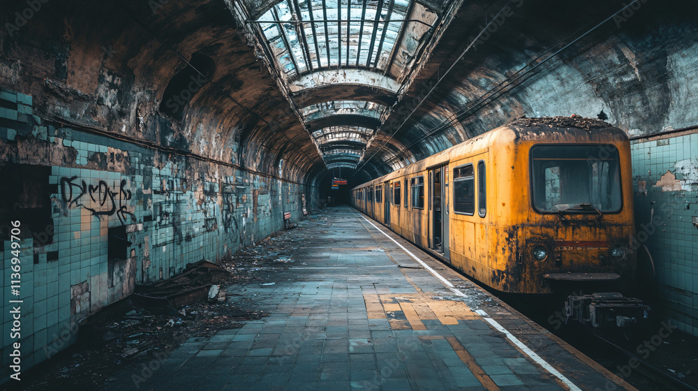 Fototapeta premium A forgotten underground railway station, with abandoned trains, cracked tiles, and broken lights casting dim shadows.