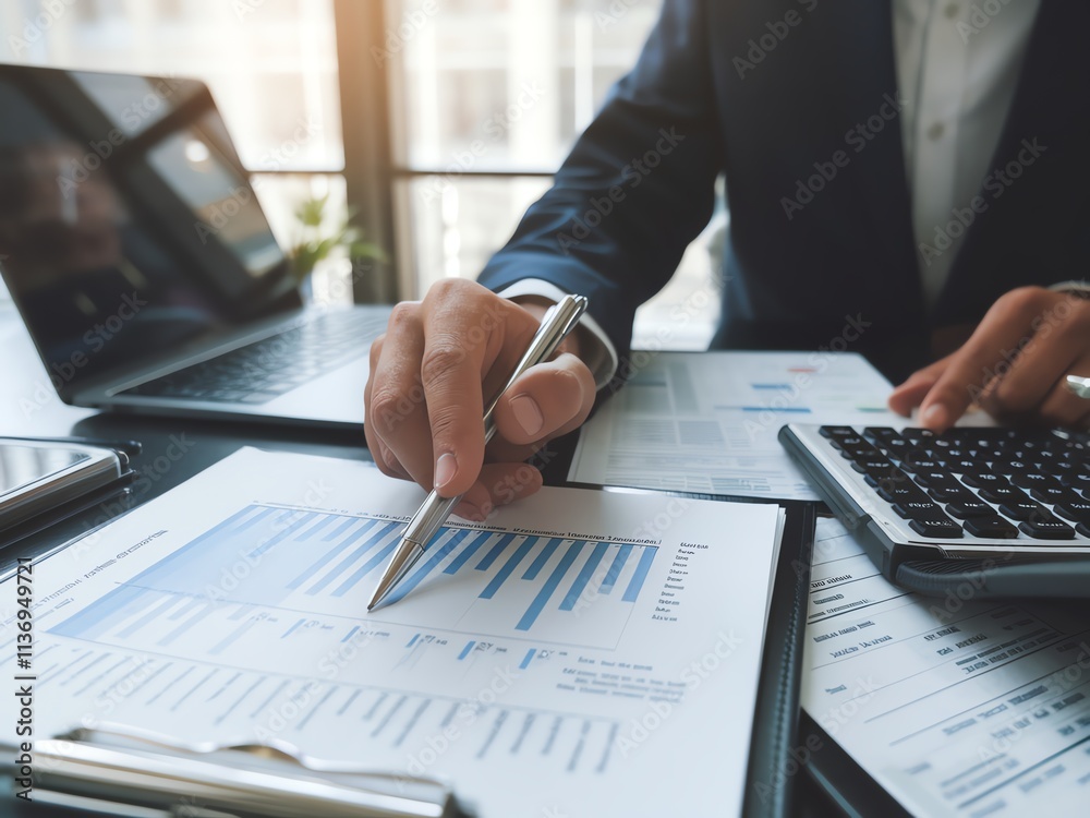 Businessman analyzing graphs with laptop and documents on office desk. Businessman analyzing graphs with laptop and documents on office desk.