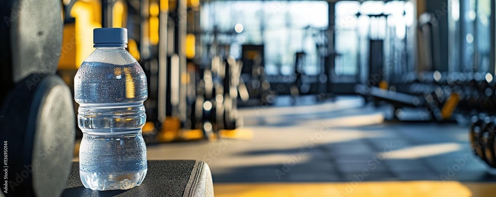 Fototapeta premium fitness-themed banner with close-up of gym equipment including weights and water bottle