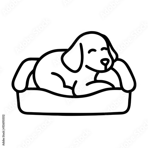 dog resting in a cozy bed icon, dog day line art, dog day icon - simple black line art icon of dog resting in a cozy bed, for dog day celebrations. dog day vector art.