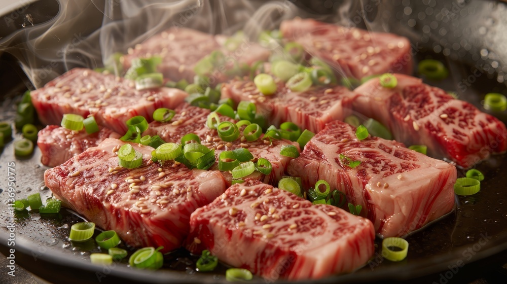 Close up of searing marbled beef in a skillet with vibrant green onions showcasing gourmet cooking Close up of searing marbled beef in a skillet with vibrant green onions showcasing gourmet cooking