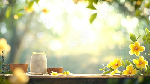   A wooden table topped with a jar of milk and a cup of coffee sits beside a bush of yellow flowers