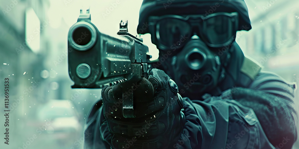 Close-up of a Soldier Aiming Handgun in Urban Setting Close-up of a Soldier Aiming Handgun in Urban Setting