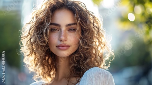 portrait of stylish woman with curly hair posing confidently outdoors with blurred urban background