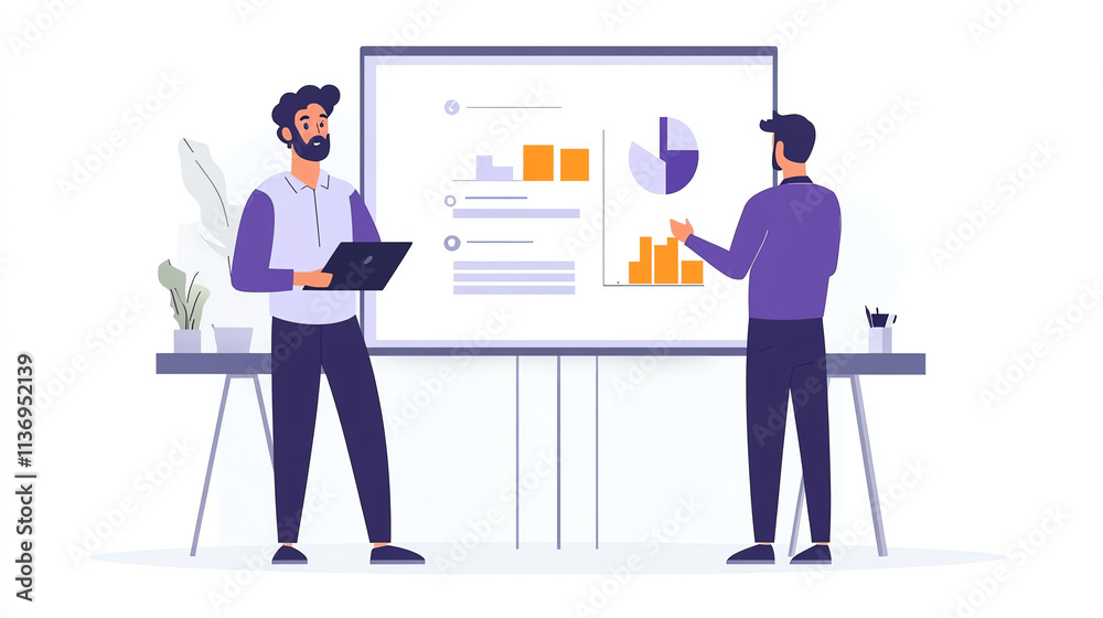 Male employee presenting data on a large screen during a meeting, Engaged professional, business presentation Male employee presenting data on a large screen during a meeting, Engaged professional, business presentation