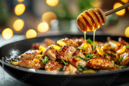  Honey Garlic Chicken Stir-Fry with mushrooms and vegetables under hot honey. a dish served in retaurant photo