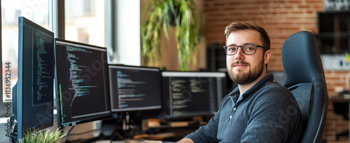 Male IT specialist working with multiple monitors in a techheavy office space, Tech employee, dedicated problemsolver photo