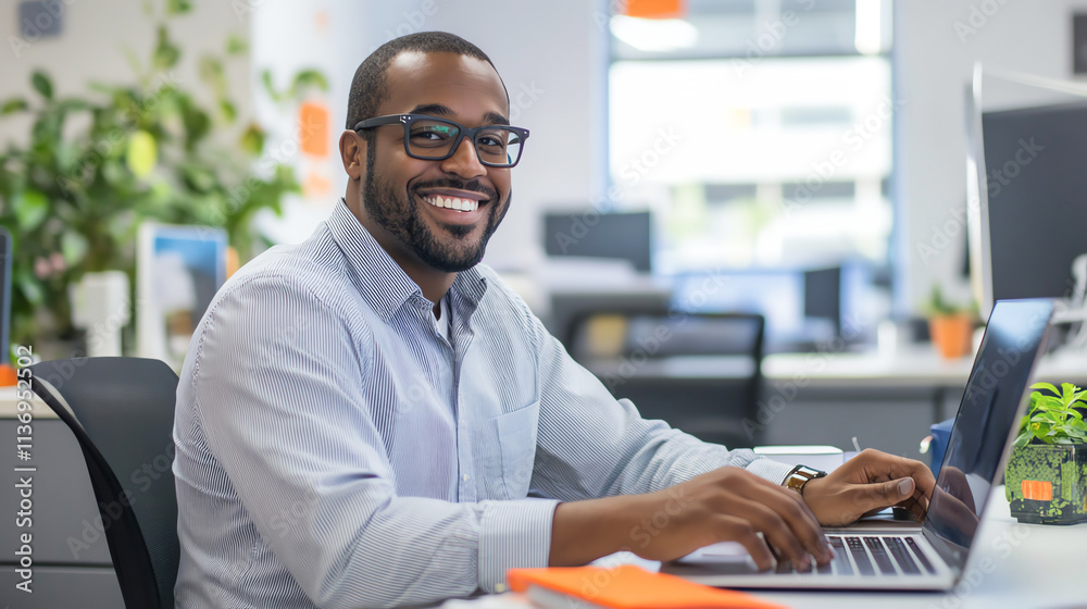 Obraz premium Smiling male employee at his desk, typing on a laptop in a bright and organized office, Office worker, professional setting