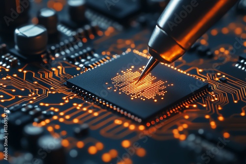 Close-up of a microchip being precisely programmed with advanced technology. photo