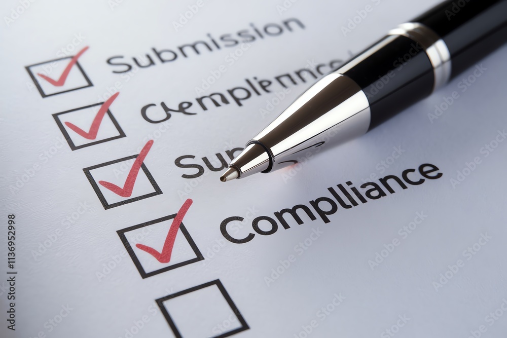 Close-up of checklist with red checkmarks and pen indicating compliance and completion. Close-up of checklist with red checkmarks and pen indicating compliance and completion.
