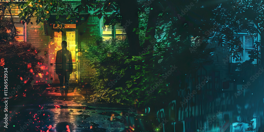 Naklejka premium Nighttime House Entrance with Silhouetted Figure
