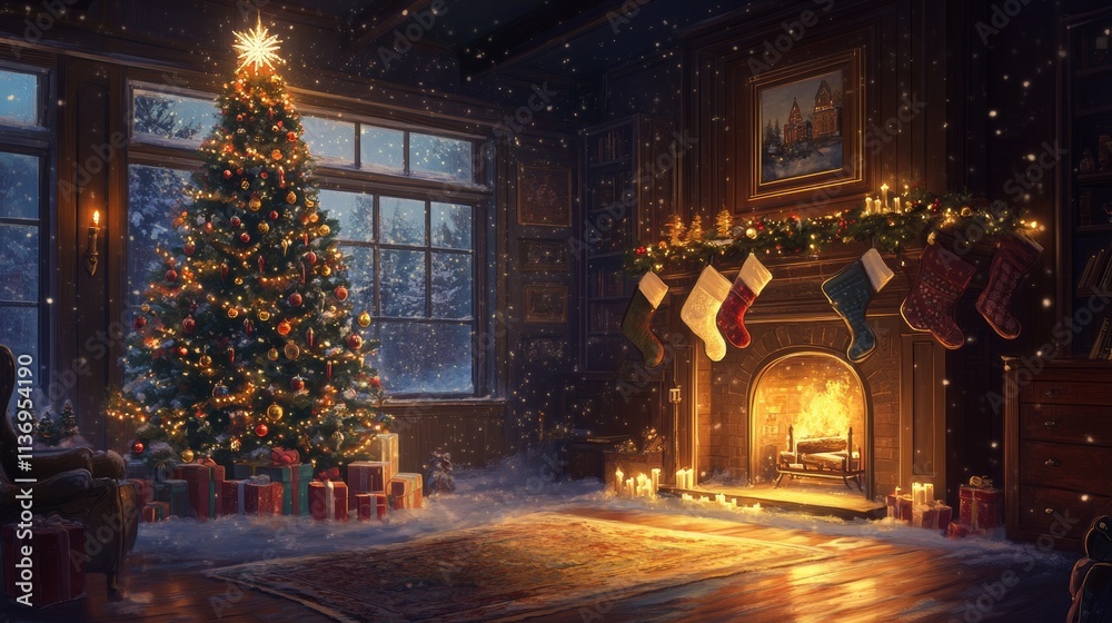 Cozy Christmas Living Room with a Beautiful Tree, Stockings, and a Warm Fireplace Illuminated by Soft Glow and Snowfall Cozy Christmas Living Room with a Beautiful Tree, Stockings, and a Warm Fireplace Illuminated by Soft Glow and Snowfall