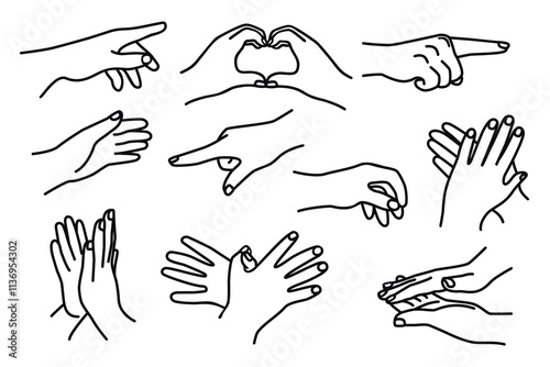 Hand gestures Line Art set.Vector graphic design of human palms isolated on white background.Applause, pointing finger,showing heart and wings.Contour elements for use in banner,poster,sticker,card.