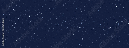 Snow particles scattered on dark blue background. Seamless realistic falling snow or snowflakes pattern. Vector Christmas border.