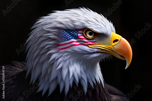 Bald eagle profile with artistic American flag integration against dark background, close-up portrait photo