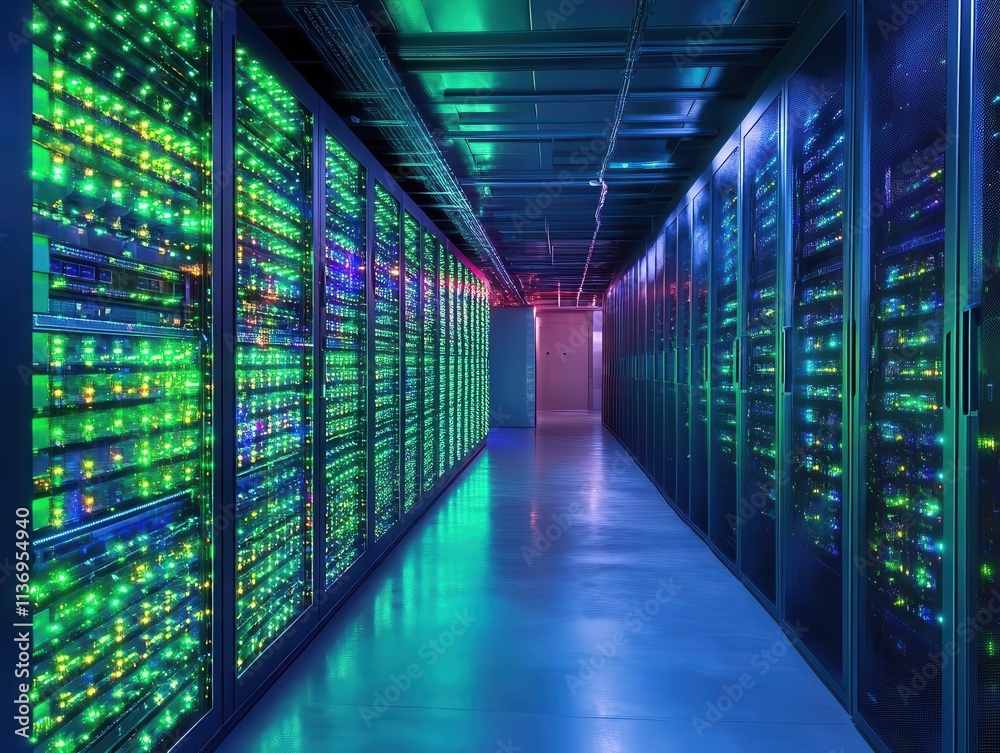 A futuristic server farm glowing with vibrant blue and green lights, representing innovation in cloud computing technology A futuristic server farm glowing with vibrant blue and green lights, representing innovation in cloud computing technology
