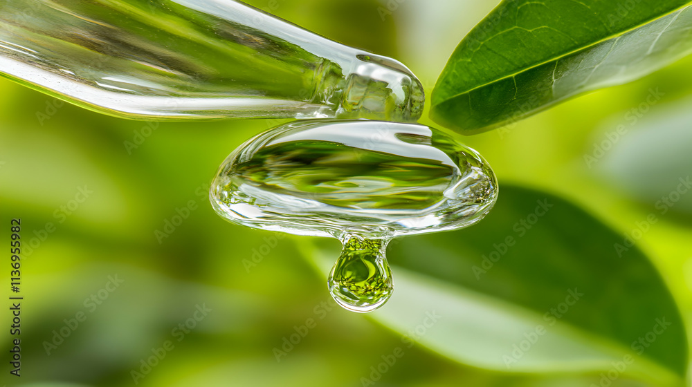 A single drop of clear liquid falls from a glass pipette onto vibrant green leaves, showcasing a refreshing and natural scene. A single drop of clear liquid falls from a glass pipette onto vibrant green leaves, showcasing a refreshing and natural scene.