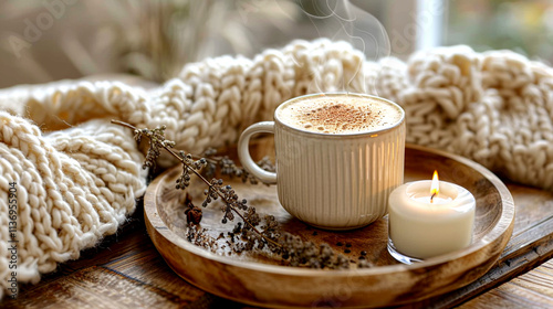 Wallpaper Mural Warm cup of coffee resting on a wooden table beside a cozy candle Torontodigital.ca