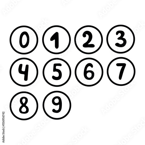 Hand drawn simple round numbers in flat style, Collection of numbers 1-0 simple black symbol signs for apps, UI and websites, doodle art