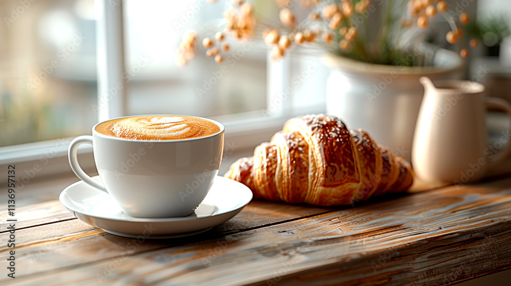 Enjoying morning coffee and a croissant by the cozy window Enjoying morning coffee and a croissant by the cozy window