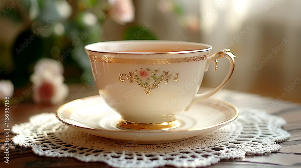 Elegant tea cup with floral design rests on a delicate lace doily Elegant tea cup with floral design rests on a delicate lace doily