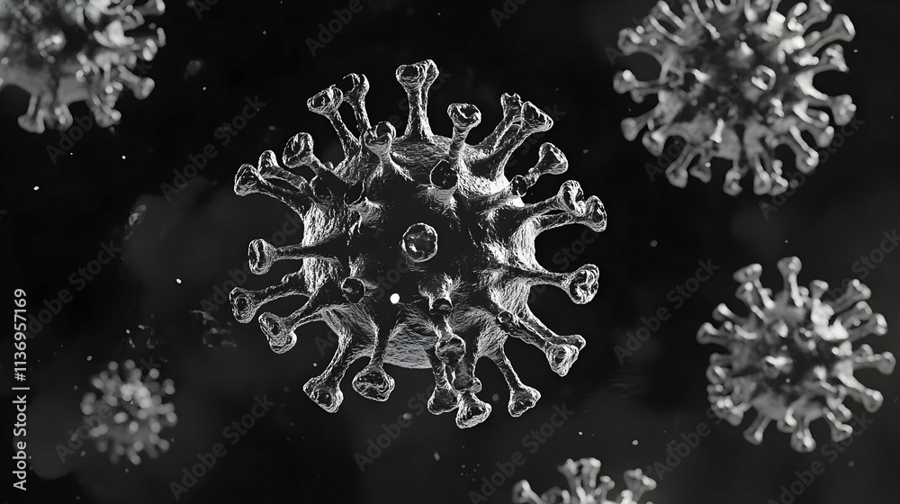 Microscopic view of multiple coronaviruses, detailed 3D render in grayscale, depicting viral structure and spread. Microscopic view of multiple coronaviruses, detailed 3D render in grayscale, depicting viral structure and spread.