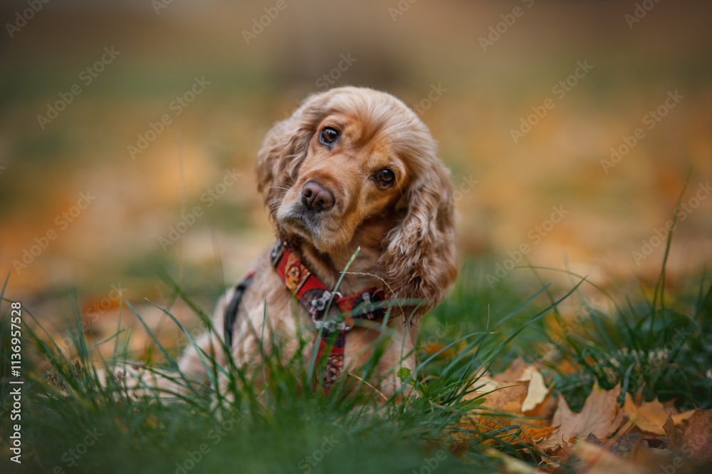 Cocker spaniel dog breed lies among the yellow autumn fallen leaves in the park
Cocker spaniel dog breed lies among the yellow autumn fallen leaves in the park