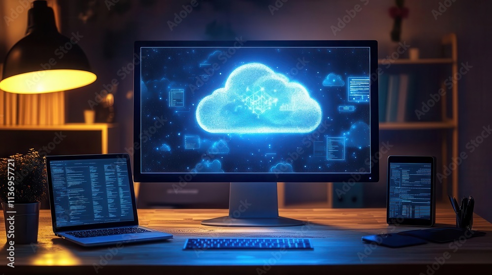 A symbolic glowing bridge overlay connecting remote devices to centralized cloud storage, dramatic lighting