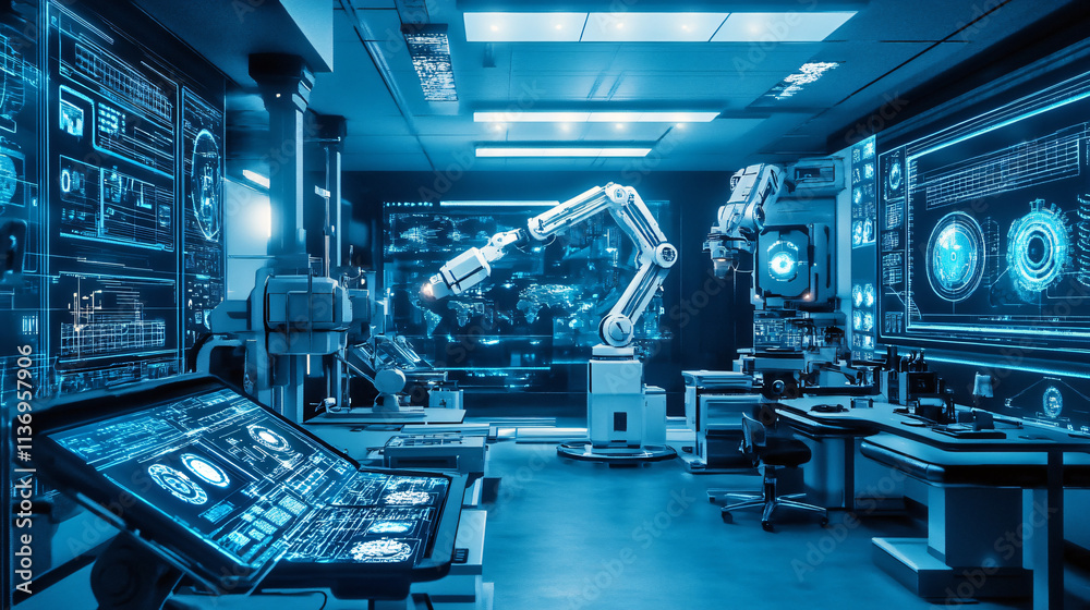 A futuristic research lab with glowing screens, robotic arms, and advanced scientific equipment.