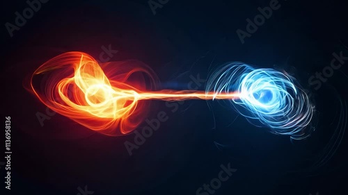 Dynamic energy transfer between fiery orange and cool blue spheres