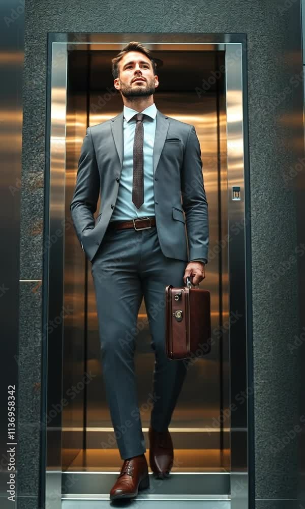 Stylish businessman exiting an elevator, briefcase in hand, gazing upward.