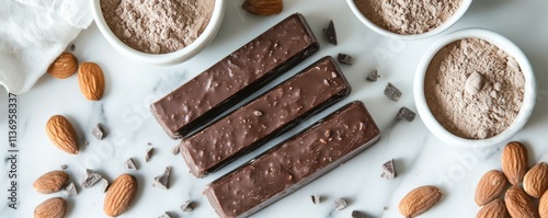 Protein bars arranged on a sleek, fitness inspired kitchen counter, surrounded by almonds, dark chocolate, and protein powder, food supplement, protein snack photo