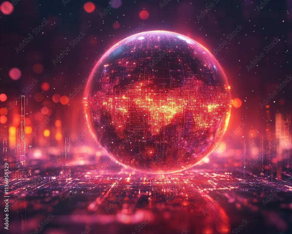 Obraz premium A symbolic glowing sphere overlay representing the abstraction layers of virtualization technology, dramatic lighting