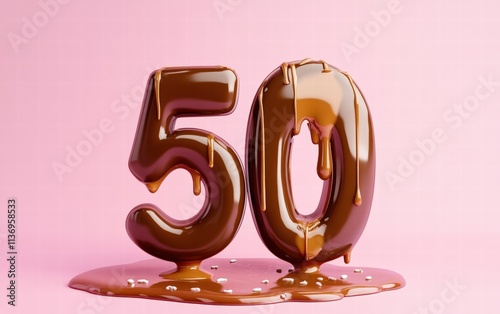 3D number 50 made of glossy chocolate with dripping caramel details, realistic lighting, on a pastel pink background