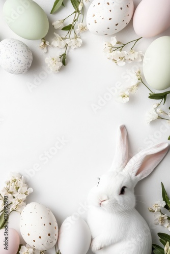 A serene scene featuring a white bunny next to decorative Easter eggs, symbolizing spring renewal and joy.