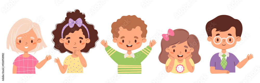 Kids happy collection. Cute diverse white girls and boys. Isolated children avatar portraits. Vector illustration Kids happy collection. Cute diverse white girls and boys. Isolated children avatar portraits. Vector illustration