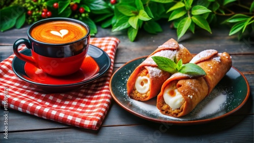 Cannoli with cappuccino and mint leaves on a festive table.