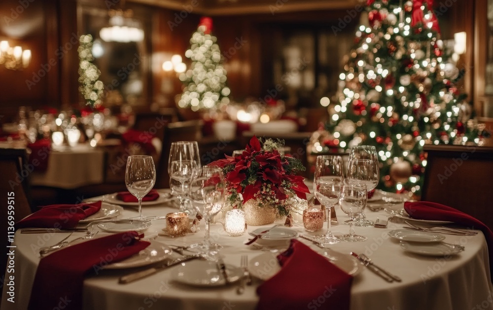 A festive hotel dining hall with elegant table settings, Christmas centerpieces, and warm holiday lighting A festive hotel dining hall with elegant table settings, Christmas centerpieces, and warm holiday lighting
