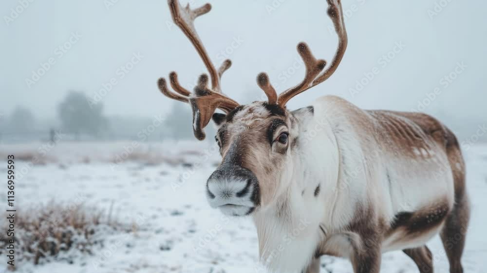 Reindeer with antlers is standing in the snow. The antlers are large and pointy