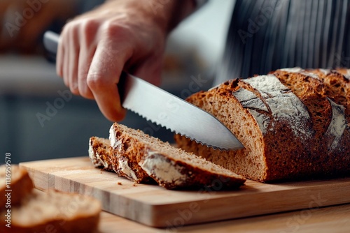 Slicing freshly baked artisan bread in a warm kitchen atmosphere of sincere craftsmanship photo