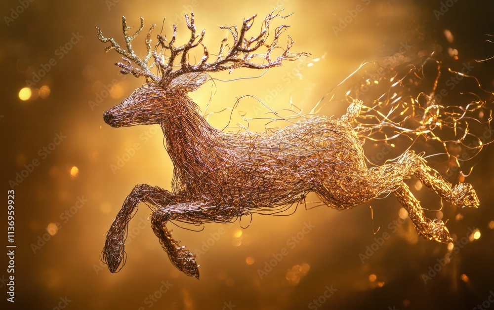 Fototapeta premium A reindeer sculpture made of metallic wires and covered in shimmering tinsel, floating dynamically on a warm gold background