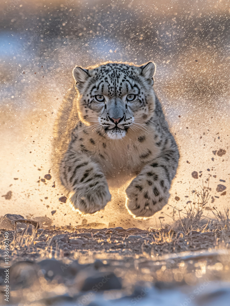 Fototapeta premium Adult Snow Leopard Running Fast in Early Morning Light